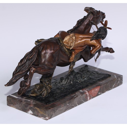 915 - Austrian School (early 20th century), a cold painted bronze, of a Native American brave, his horse a... 