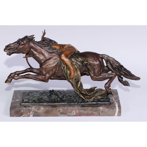 915 - Austrian School (early 20th century), a cold painted bronze, of a Native American brave, his horse a... 