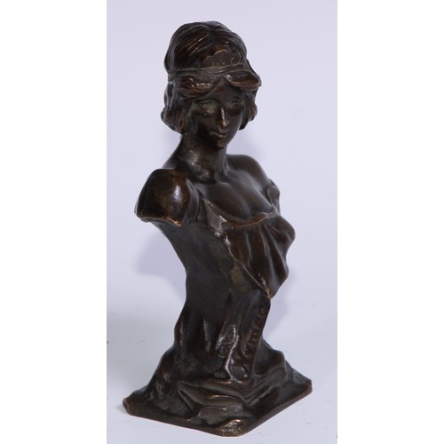 1042 - French School (early 20th century), an Art Nouveau brown patinated bronze bust, of a young girl, Nym... 