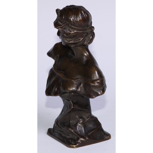 1042 - French School (early 20th century), an Art Nouveau brown patinated bronze bust, of a young girl, Nym... 