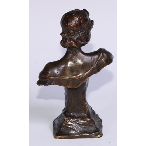 1042 - French School (early 20th century), an Art Nouveau brown patinated bronze bust, of a young girl, Nym... 