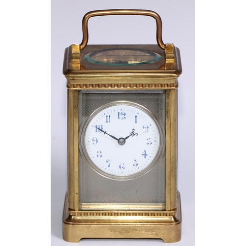 989 - A large French lacquered brass carriage timepiece,  6cm circular enamel clock dial inscribed with Ar... 