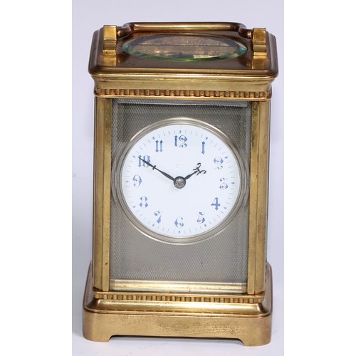 989 - A large French lacquered brass carriage timepiece,  6cm circular enamel clock dial inscribed with Ar... 