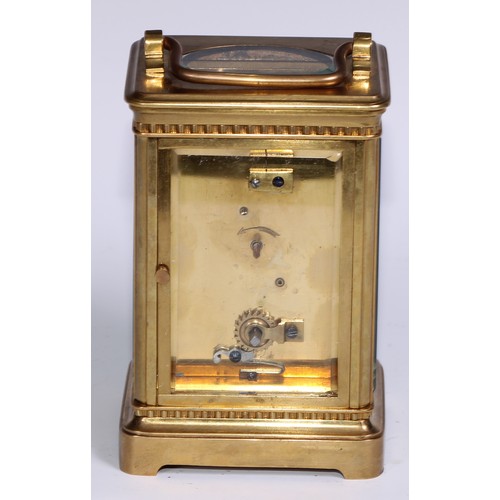 989 - A large French lacquered brass carriage timepiece,  6cm circular enamel clock dial inscribed with Ar... 