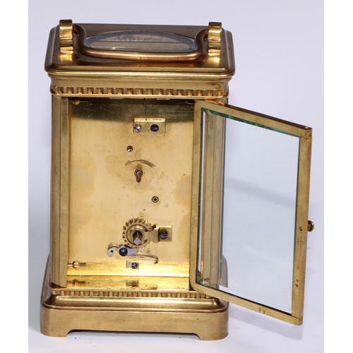 989 - A large French lacquered brass carriage timepiece,  6cm circular enamel clock dial inscribed with Ar... 