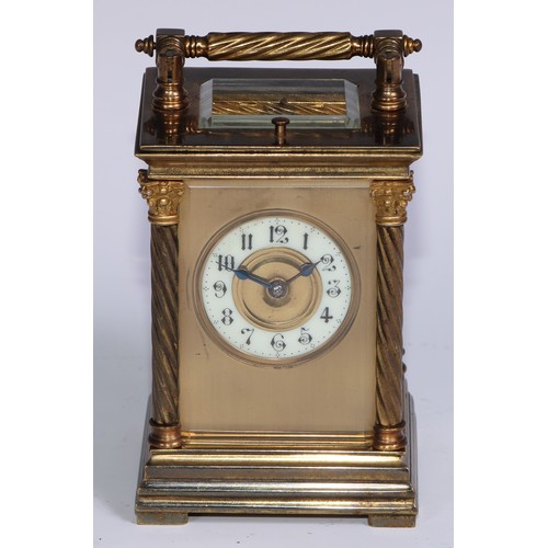 975 - A 19th century lacquered brass repeater carriage clock, 4.5cm enamel chapter ring inscribed with Ara... 