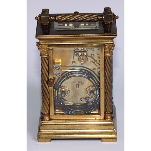 975 - A 19th century lacquered brass repeater carriage clock, 4.5cm enamel chapter ring inscribed with Ara... 