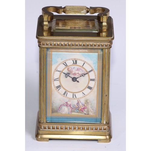 985 - A French porcelain mounted lacquered brass carriage clock, 7cm dial inscribed with Roman numerals, t... 