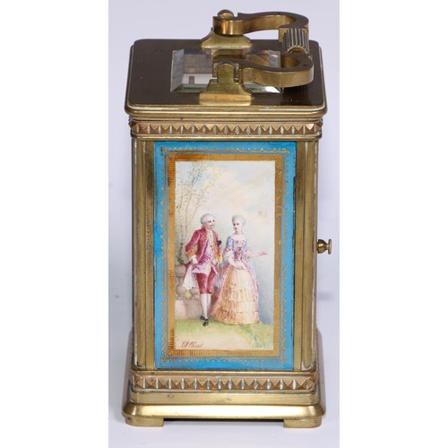 985 - A French porcelain mounted lacquered brass carriage clock, 7cm dial inscribed with Roman numerals, t... 