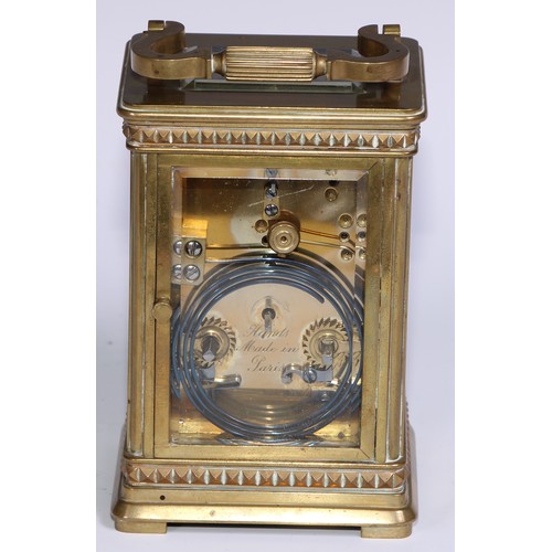 985 - A French porcelain mounted lacquered brass carriage clock, 7cm dial inscribed with Roman numerals, t... 