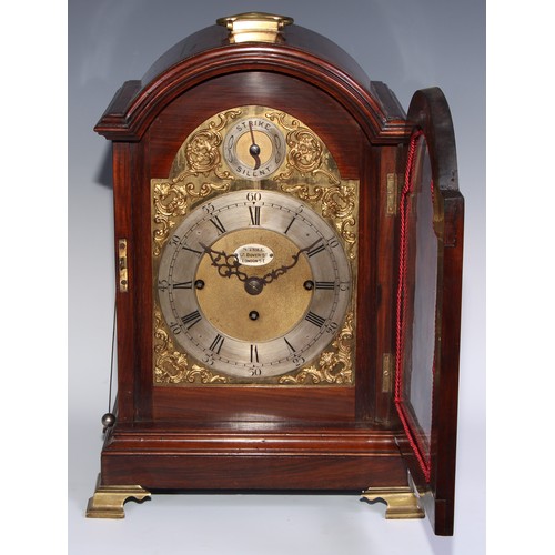 977 - A 19th century rosewood musical repeating bracket clock, 18cm arched brass dial with silvered chapte... 