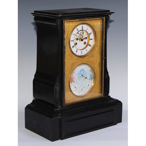 964 - A 19th century French black marble calendar mantel clock, 12cm enamel dial with Roman and subsidiary... 