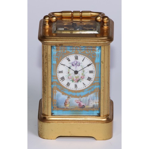 969 - A 19th century French miniature porcelain mounted ormolu carriage time piece, 3cm circular clock dia... 