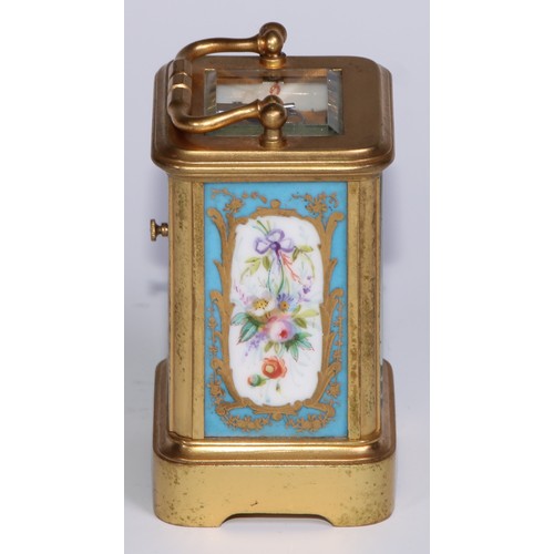 969 - A 19th century French miniature porcelain mounted ormolu carriage time piece, 3cm circular clock dia... 