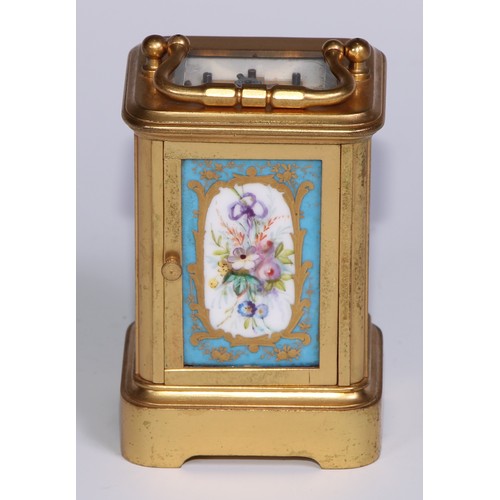 969 - A 19th century French miniature porcelain mounted ormolu carriage time piece, 3cm circular clock dia... 