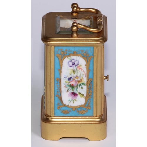 969 - A 19th century French miniature porcelain mounted ormolu carriage time piece, 3cm circular clock dia... 