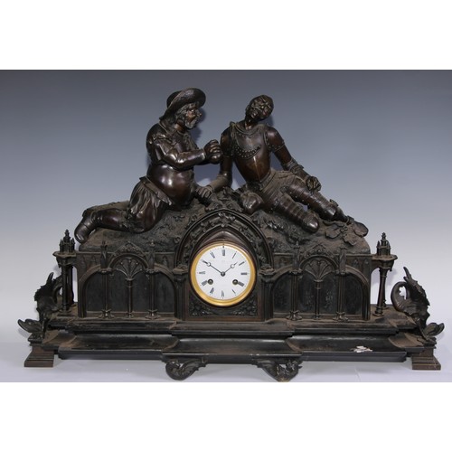 1429 - A substantial 19th century brown patinated bronze and black marble mantel clock, 11cm dial inscribed... 