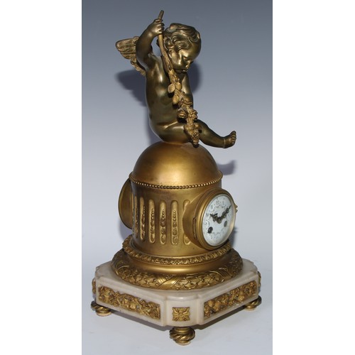 968 - A 19th century French gilt bronze figural mantel clock, 7.5cm circular enamel dial inscribed with Ar... 