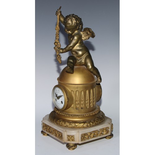 968 - A 19th century French gilt bronze figural mantel clock, 7.5cm circular enamel dial inscribed with Ar... 