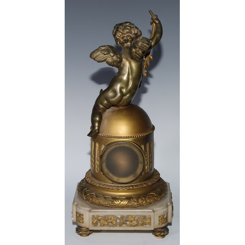 968 - A 19th century French gilt bronze figural mantel clock, 7.5cm circular enamel dial inscribed with Ar... 