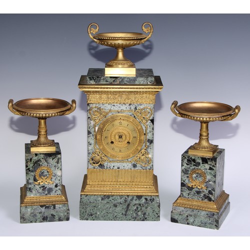 982 - A French Empire gilt bronze mounted green breccia marble mantel clock garniture, 8cm gilt dial inscr... 