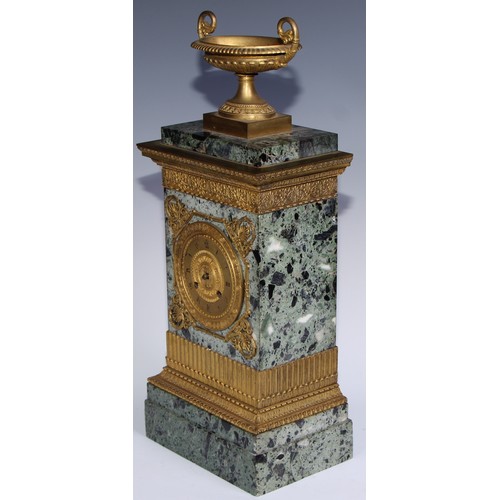 982 - A French Empire gilt bronze mounted green breccia marble mantel clock garniture, 8cm gilt dial inscr... 