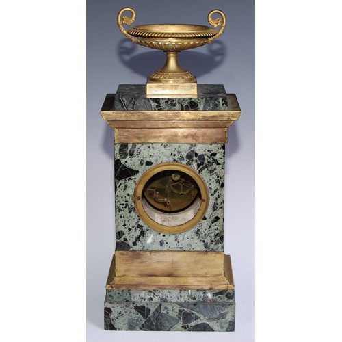 982 - A French Empire gilt bronze mounted green breccia marble mantel clock garniture, 8cm gilt dial inscr... 