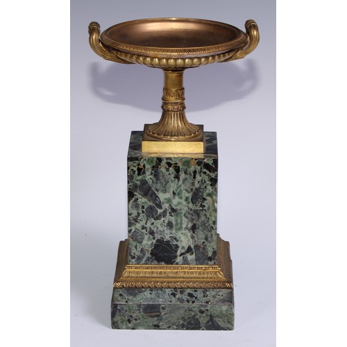 982 - A French Empire gilt bronze mounted green breccia marble mantel clock garniture, 8cm gilt dial inscr... 