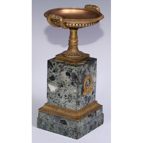 982 - A French Empire gilt bronze mounted green breccia marble mantel clock garniture, 8cm gilt dial inscr... 