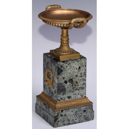 982 - A French Empire gilt bronze mounted green breccia marble mantel clock garniture, 8cm gilt dial inscr... 