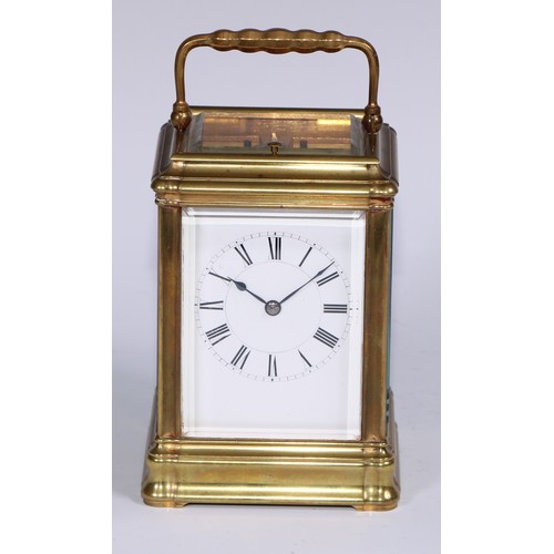 990 - A large French lacquered brass repeating carriage clock, 7cm rectangular enamel dial, inscribed with... 