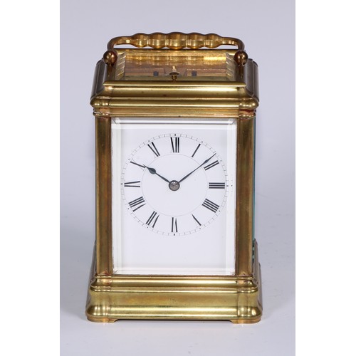 990 - A large French lacquered brass repeating carriage clock, 7cm rectangular enamel dial, inscribed with... 