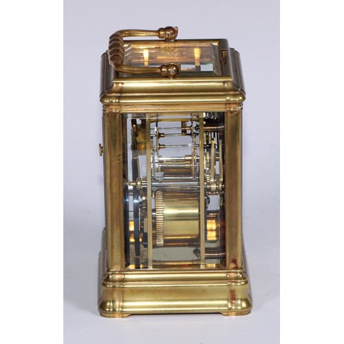 990 - A large French lacquered brass repeating carriage clock, 7cm rectangular enamel dial, inscribed with... 