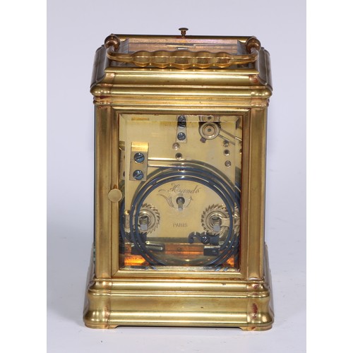 990 - A large French lacquered brass repeating carriage clock, 7cm rectangular enamel dial, inscribed with... 