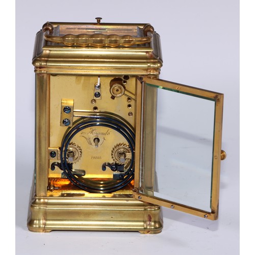 990 - A large French lacquered brass repeating carriage clock, 7cm rectangular enamel dial, inscribed with... 