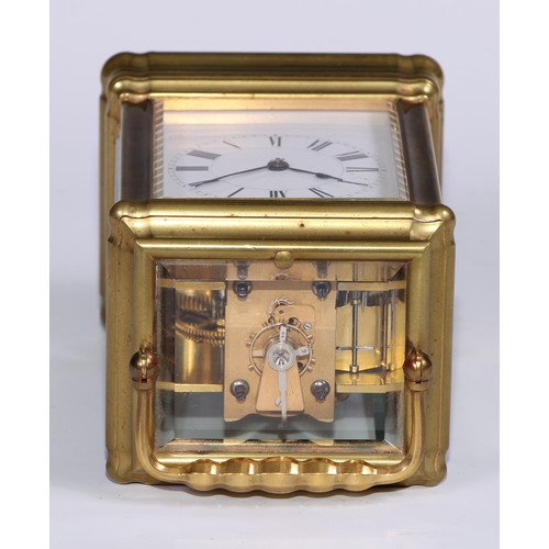 990 - A large French lacquered brass repeating carriage clock, 7cm rectangular enamel dial, inscribed with... 