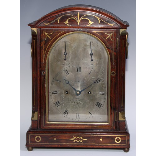 1428 - A Regency rosewood and brass marquetry bracket clock, 15cm arched silvered dial inscribed Goodhugh, ... 