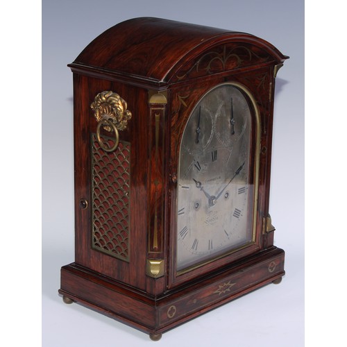 1428 - A Regency rosewood and brass marquetry bracket clock, 15cm arched silvered dial inscribed Goodhugh, ... 