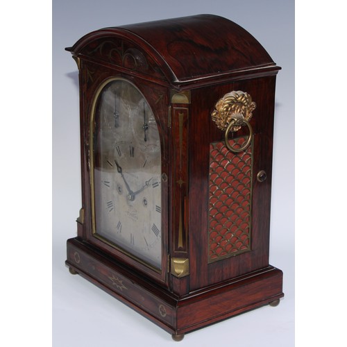 1428 - A Regency rosewood and brass marquetry bracket clock, 15cm arched silvered dial inscribed Goodhugh, ... 