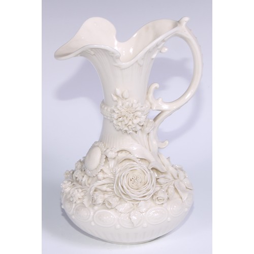 390 - A Belleek ewer, in the white and typically encrusted with flowers, 23.5cm high, second mark, c.1891 ... 