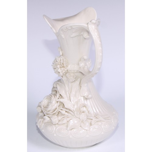 390 - A Belleek ewer, in the white and typically encrusted with flowers, 23.5cm high, second mark, c.1891 ... 