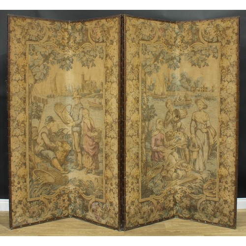 1284 - A large country house four-fold screen, applied overall with Flemish tapestry in the 17th century ta... 