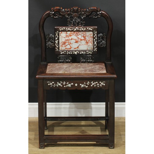 1377 - A pair of Chinese hardwood and mother of pearl marquetry chairs, each with a shaped cresting rail ca... 