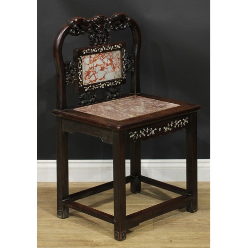 1377 - A pair of Chinese hardwood and mother of pearl marquetry chairs, each with a shaped cresting rail ca... 