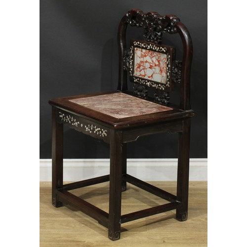 1377 - A pair of Chinese hardwood and mother of pearl marquetry chairs, each with a shaped cresting rail ca... 