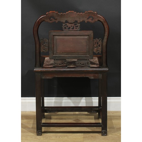 1377 - A pair of Chinese hardwood and mother of pearl marquetry chairs, each with a shaped cresting rail ca... 