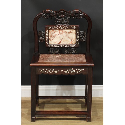 1377 - A pair of Chinese hardwood and mother of pearl marquetry chairs, each with a shaped cresting rail ca... 