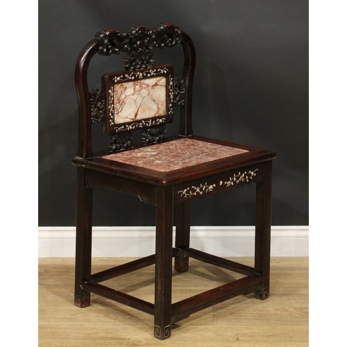 1377 - A pair of Chinese hardwood and mother of pearl marquetry chairs, each with a shaped cresting rail ca... 