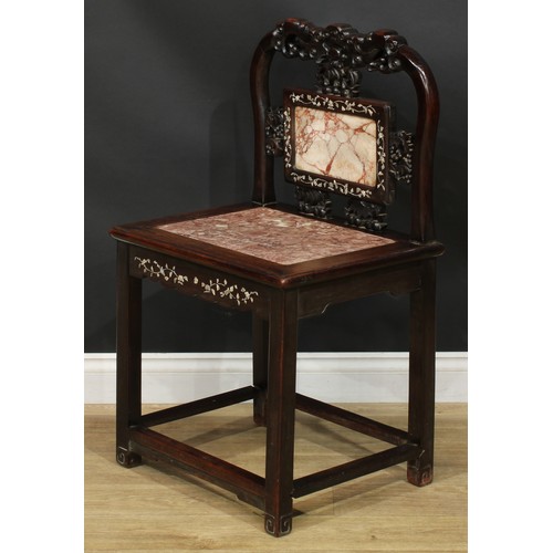 1377 - A pair of Chinese hardwood and mother of pearl marquetry chairs, each with a shaped cresting rail ca... 