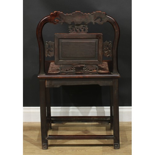 1377 - A pair of Chinese hardwood and mother of pearl marquetry chairs, each with a shaped cresting rail ca... 